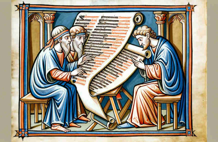 three men studying an ancient scroll book