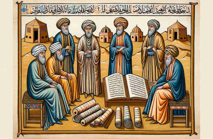 Islamic Arab scholars studying old scroll books