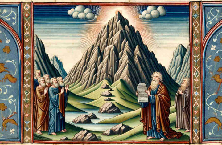 Moses receiving the Ten Commandments at Mount Sinai