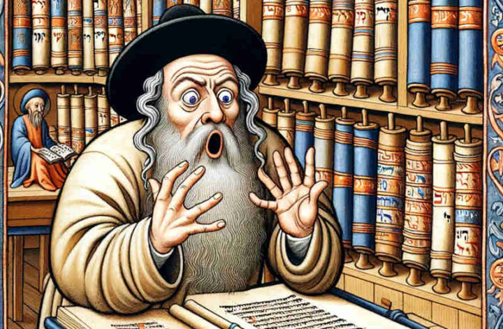 Rabbi reading scroll books surprised