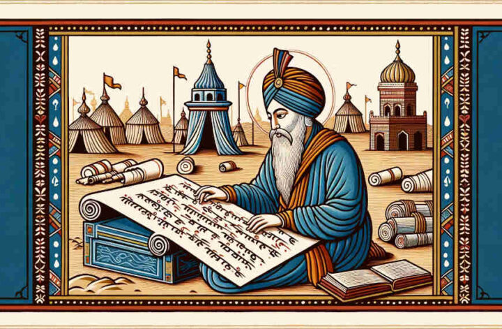 Sikh scholar studying ancient scroll books