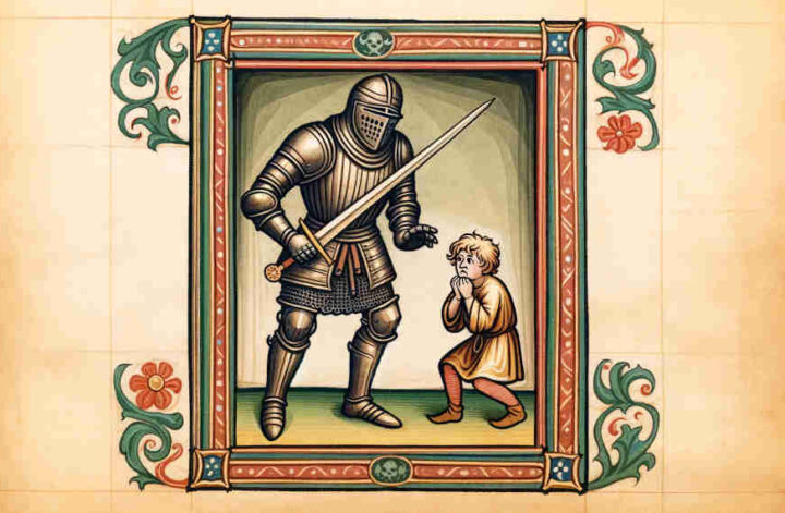 a medieval warrior with a sword and a scared child