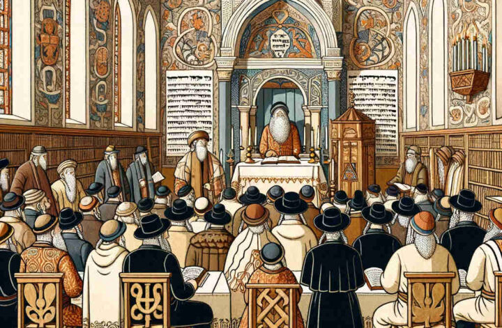 group of Jews in a synagogue