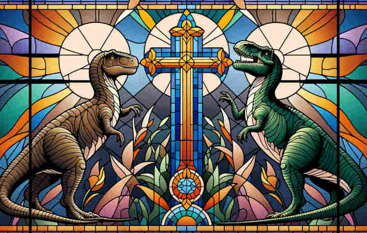 two dinosaurs and a cross