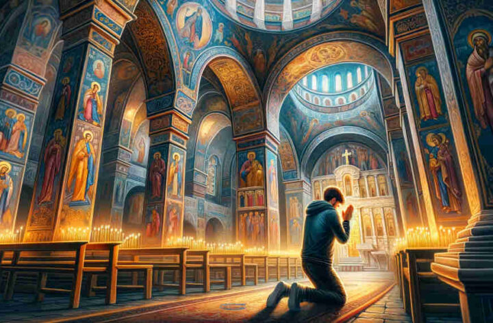 young man praying in Gracanica monastery